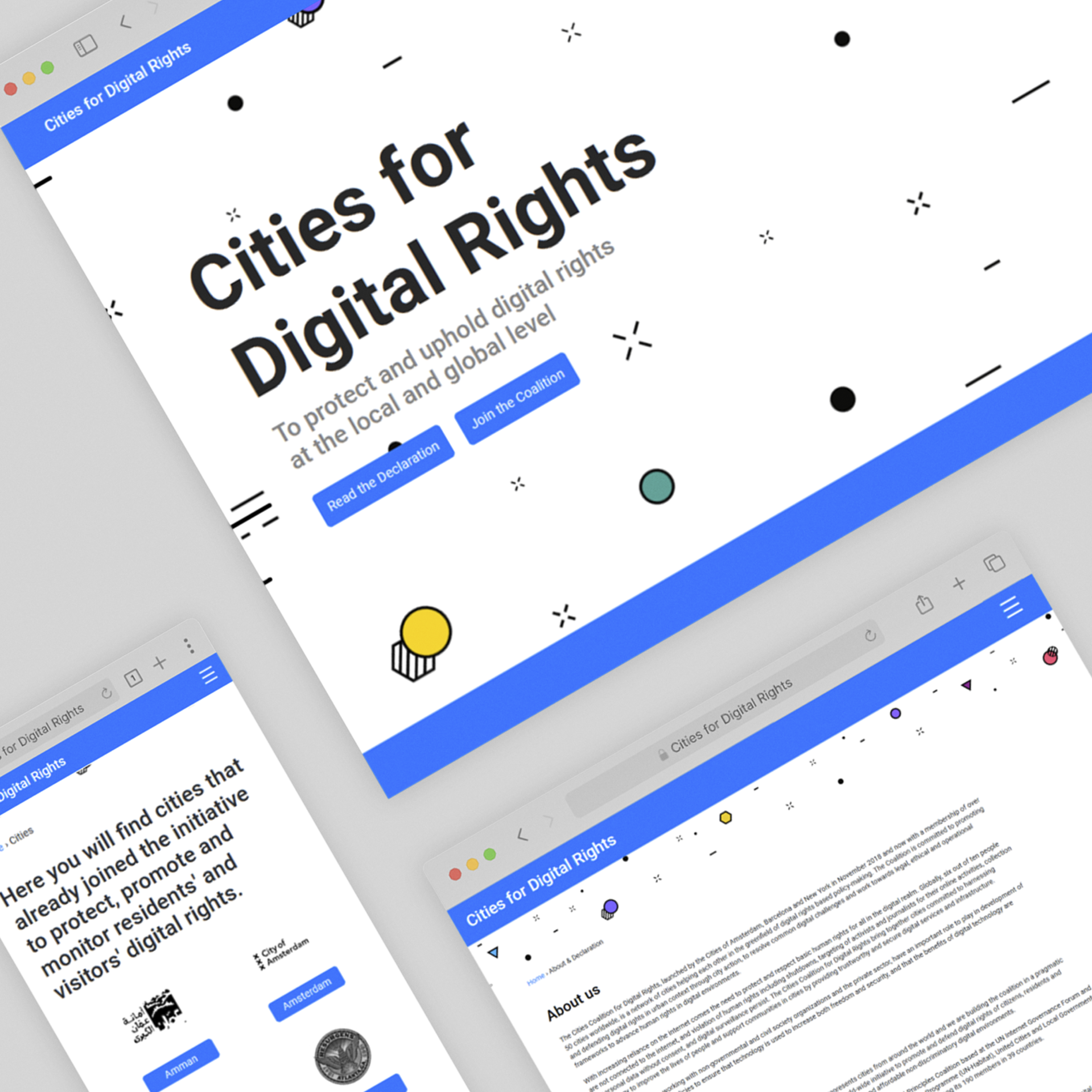 Pantallas de Cities for Digital Rights posicionadas diagonalmente