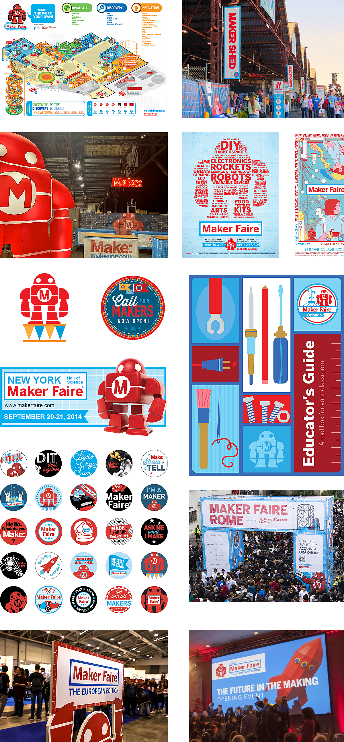 Image composition showing different Maker Faire design examples of various events from around the world