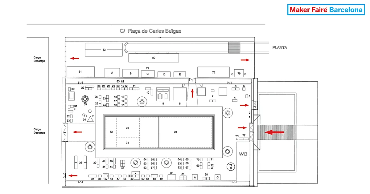 Image of Maker Faire’s 2018 floor plan describing the general distribution and access points.