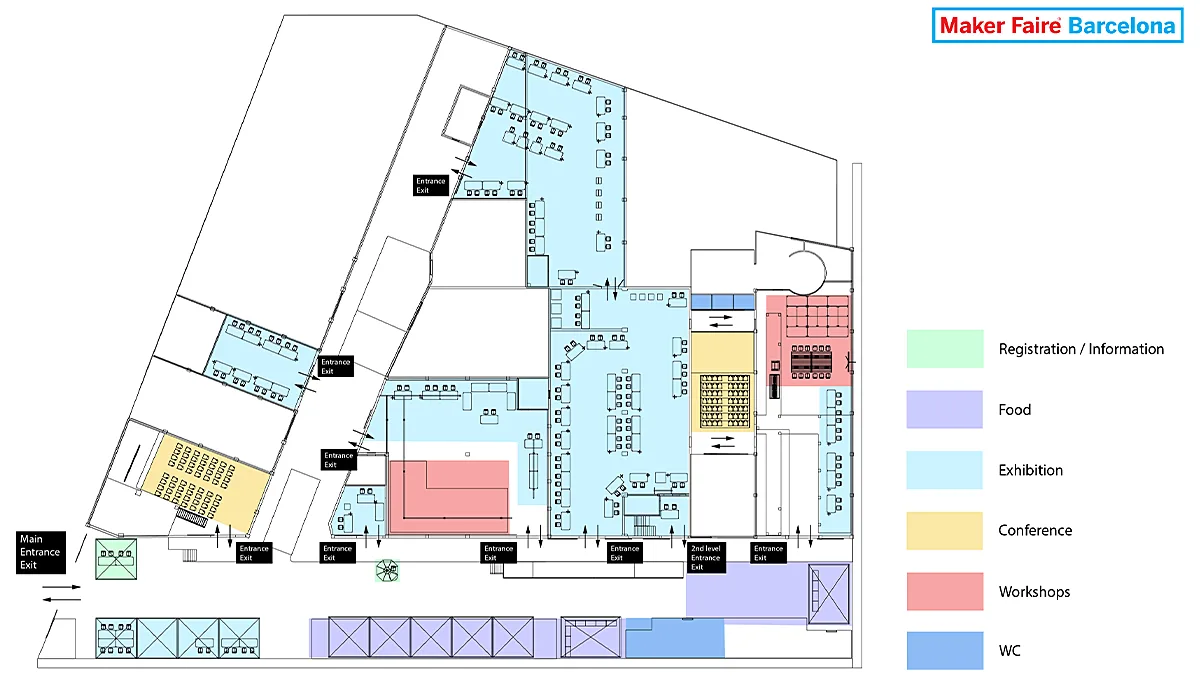 Image of Maker Faire’s 2019 floor plan describing the access points and areas distribution.