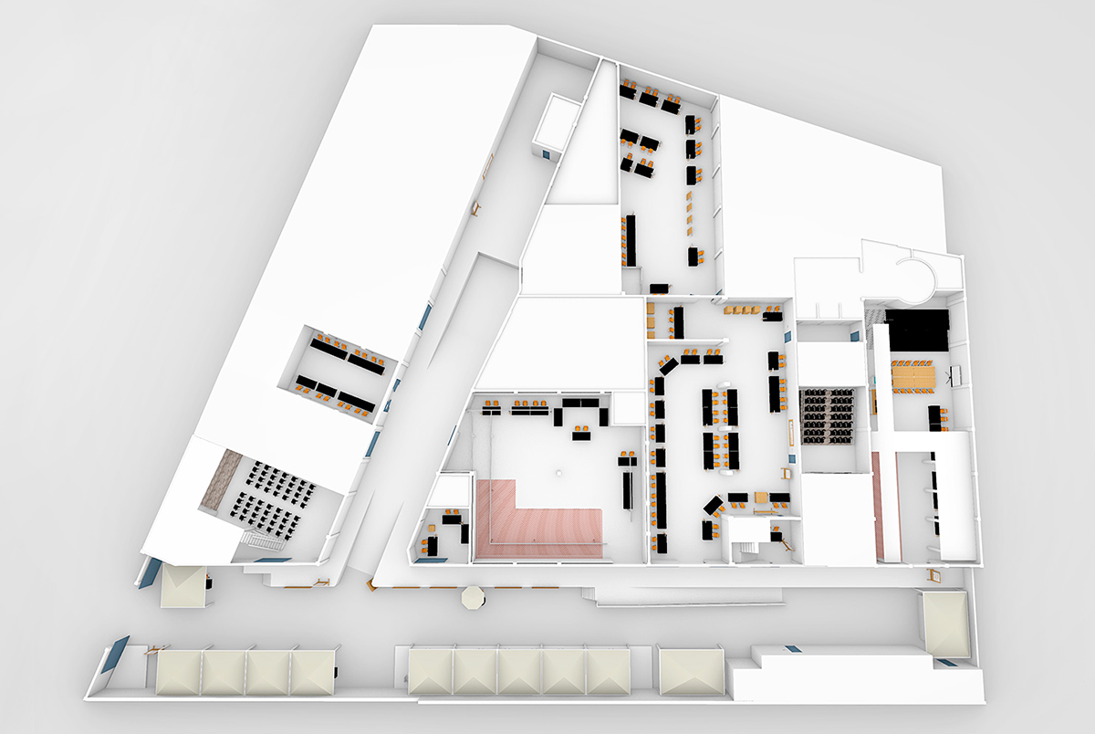 Image of Maker Faire’s 2019 floor plan in 3D showing the placement zone elements.